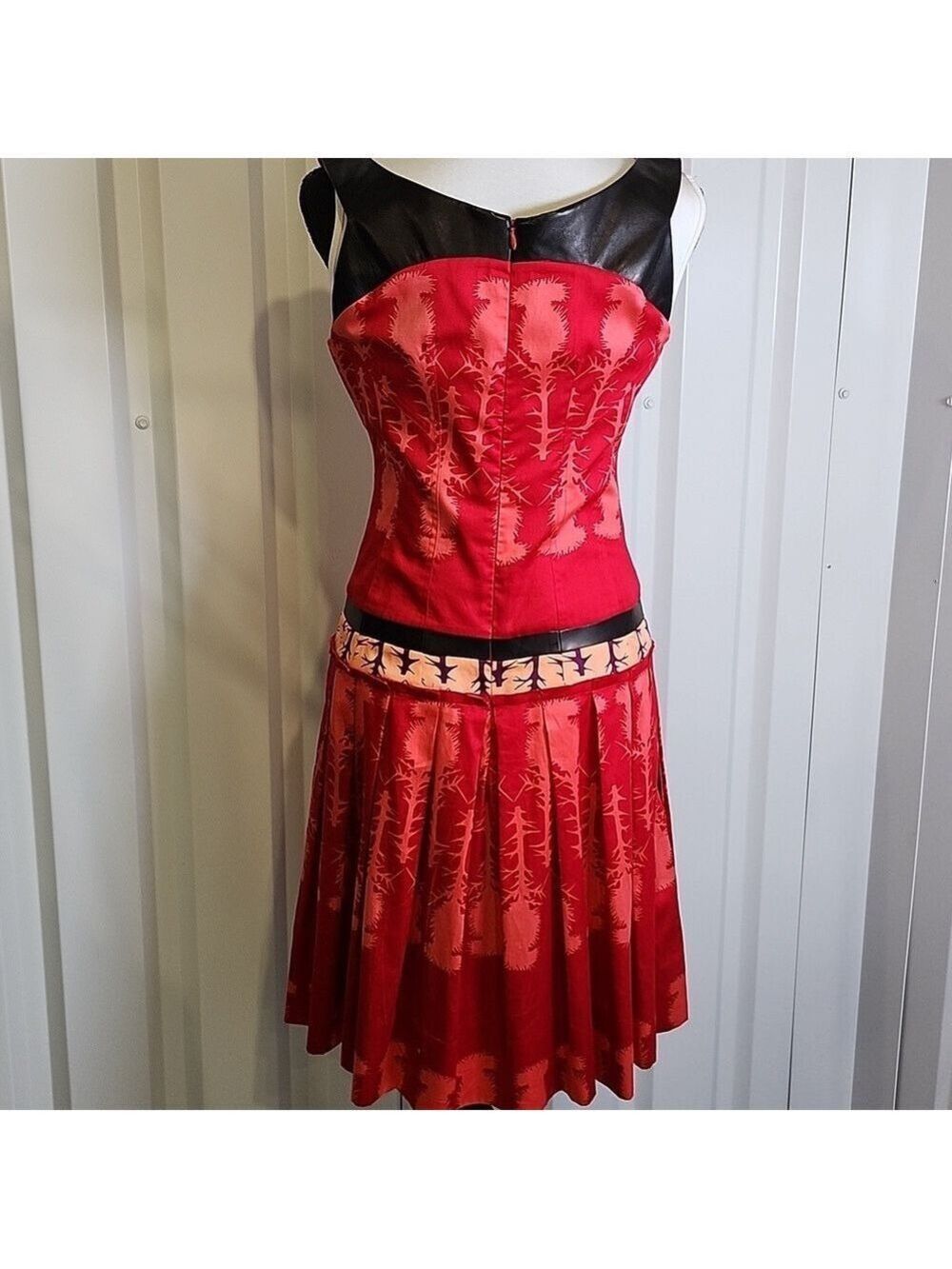 Sophie Theallet Cotton and Leather Red and Black Patterned Dress Size US8 EU40 - Picture 2 of 8